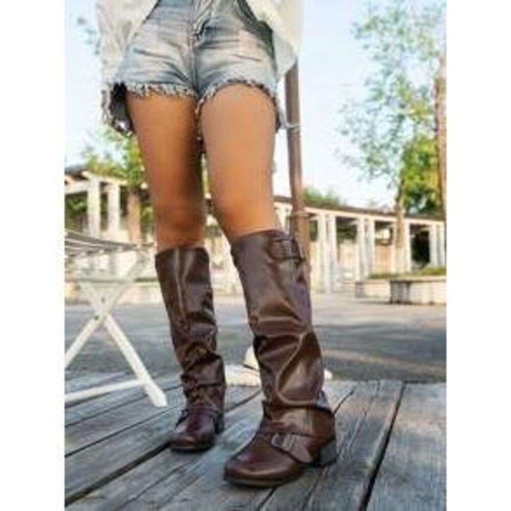 Women's Fashion Brown Leather Low Heel Ruched Casual Long Boots Style With Shor…